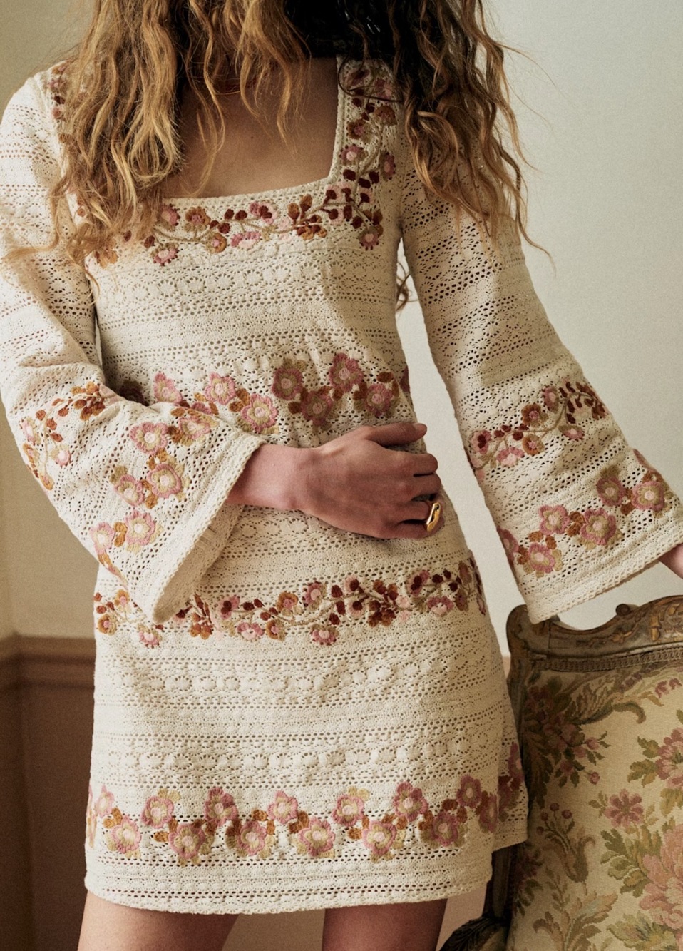 Sezane Doma Dress Contrasted Guipure Flowers On Ecru Background - Size 6